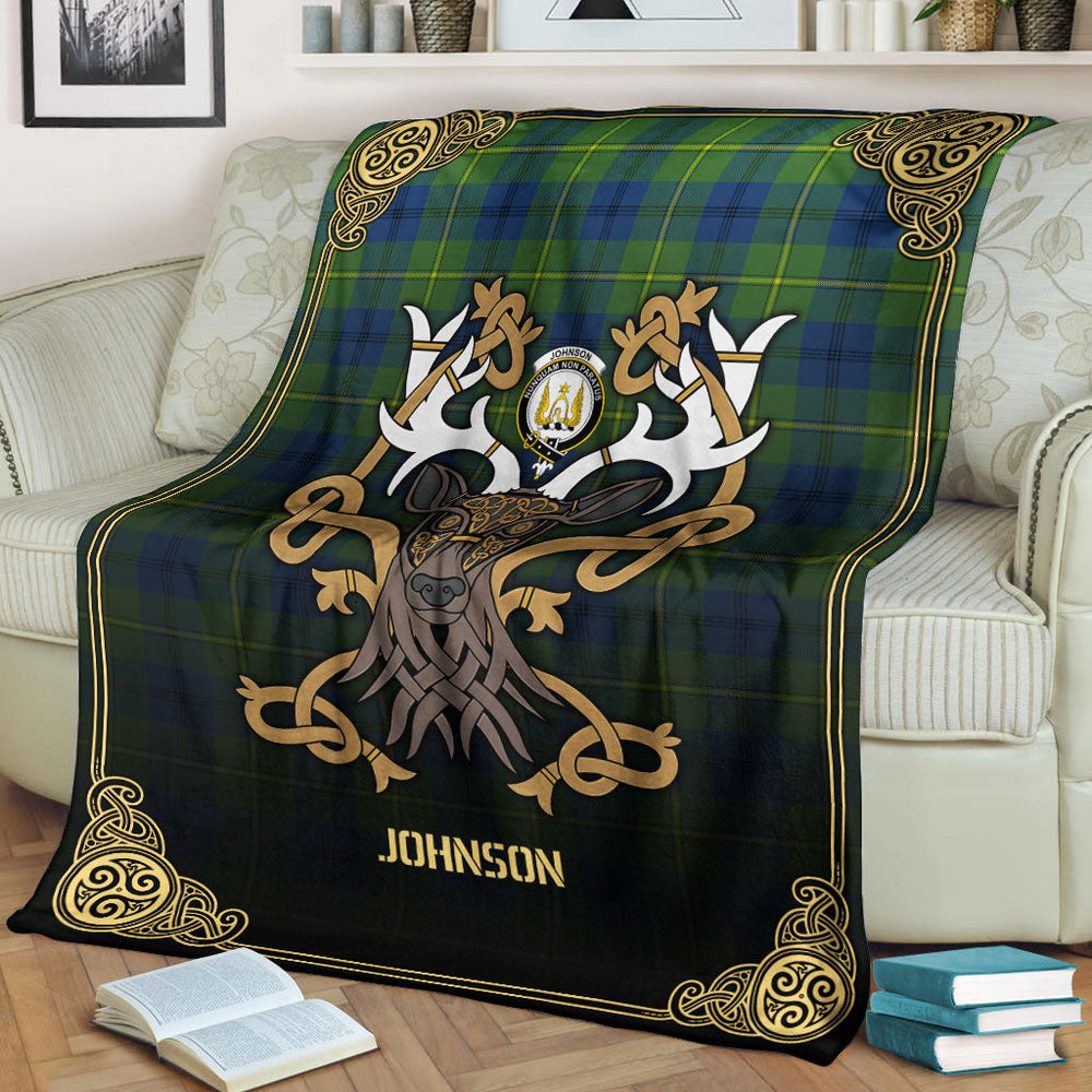 Clan Johnson Ancient Tartan Crest Premium Blanket Celtic Stag Style JB66 Clan Hall Tartan Today   