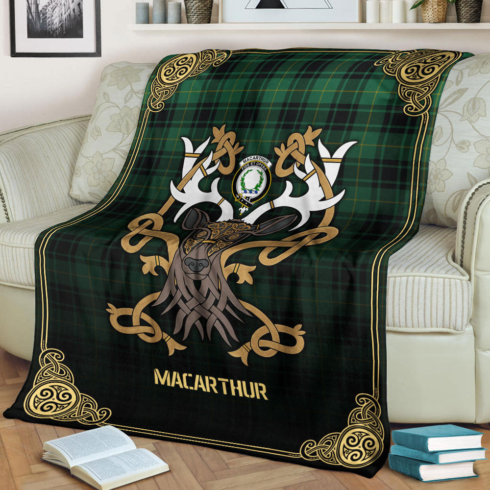 Clan MacArthur Ancient Tartan Crest Premium Blanket Celtic Stag Style WM67 Clan MacArthur Tartan Today   