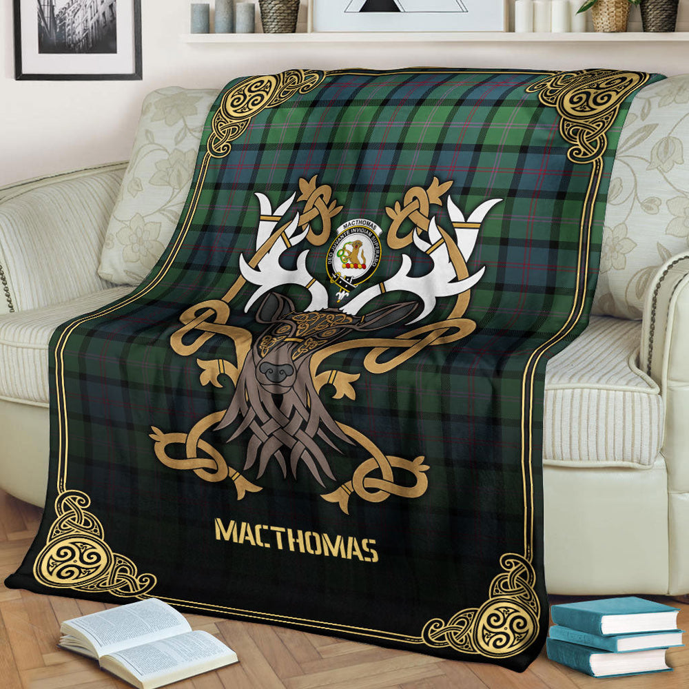 Clan MacThomas Ancient Tartan Crest Premium Blanket Celtic Stag Style SQ34 Clan MacThomas Tartan Today   
