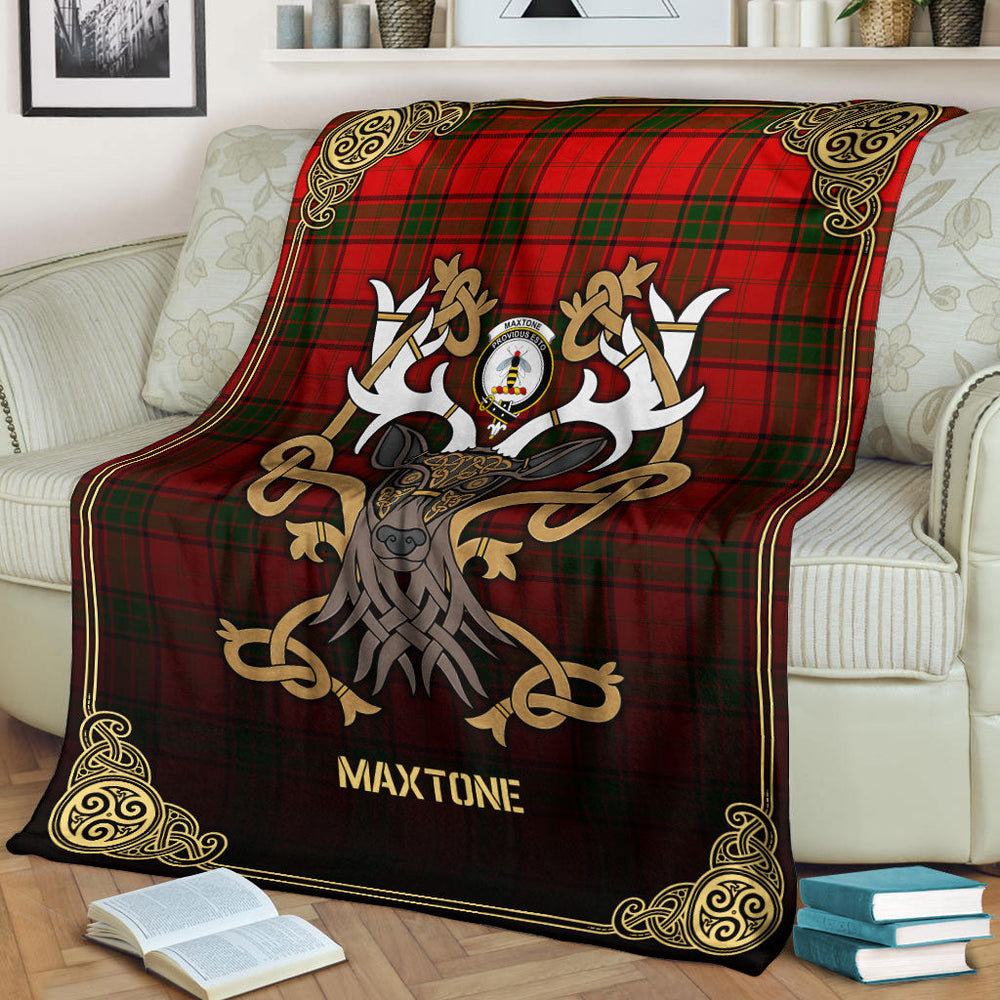 Clan Maxtone Tartan Crest Premium Blanket Celtic Stag Style FL36 Clan Maxtone Tartan Today   