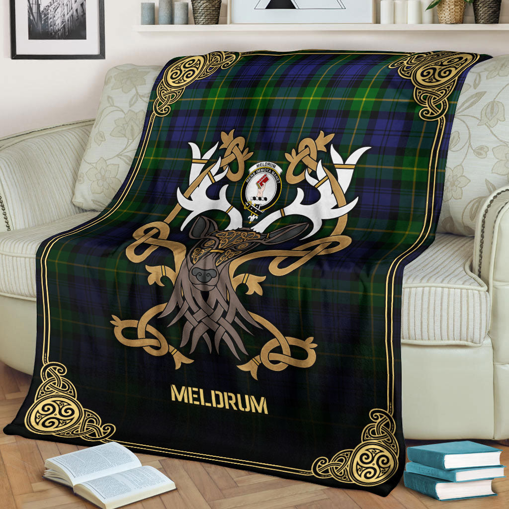Clan Meldrum Tartan Crest Premium Blanket Celtic Stag Style SH85 Clan Meldrum Tartan Today   