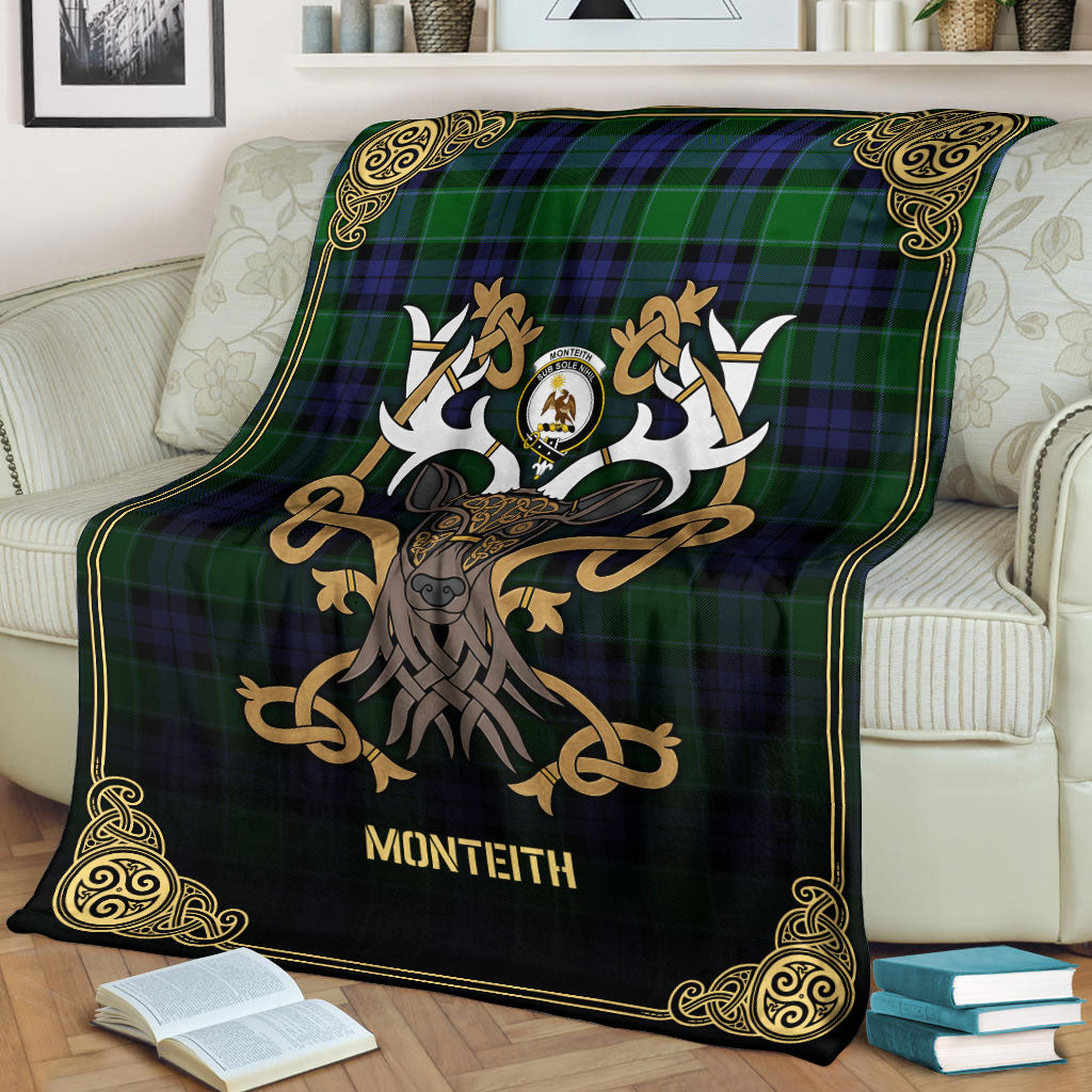 Clan Monteith Tartan Crest Premium Blanket Celtic Stag Style RW38 Clan Monteith Tartan Today   