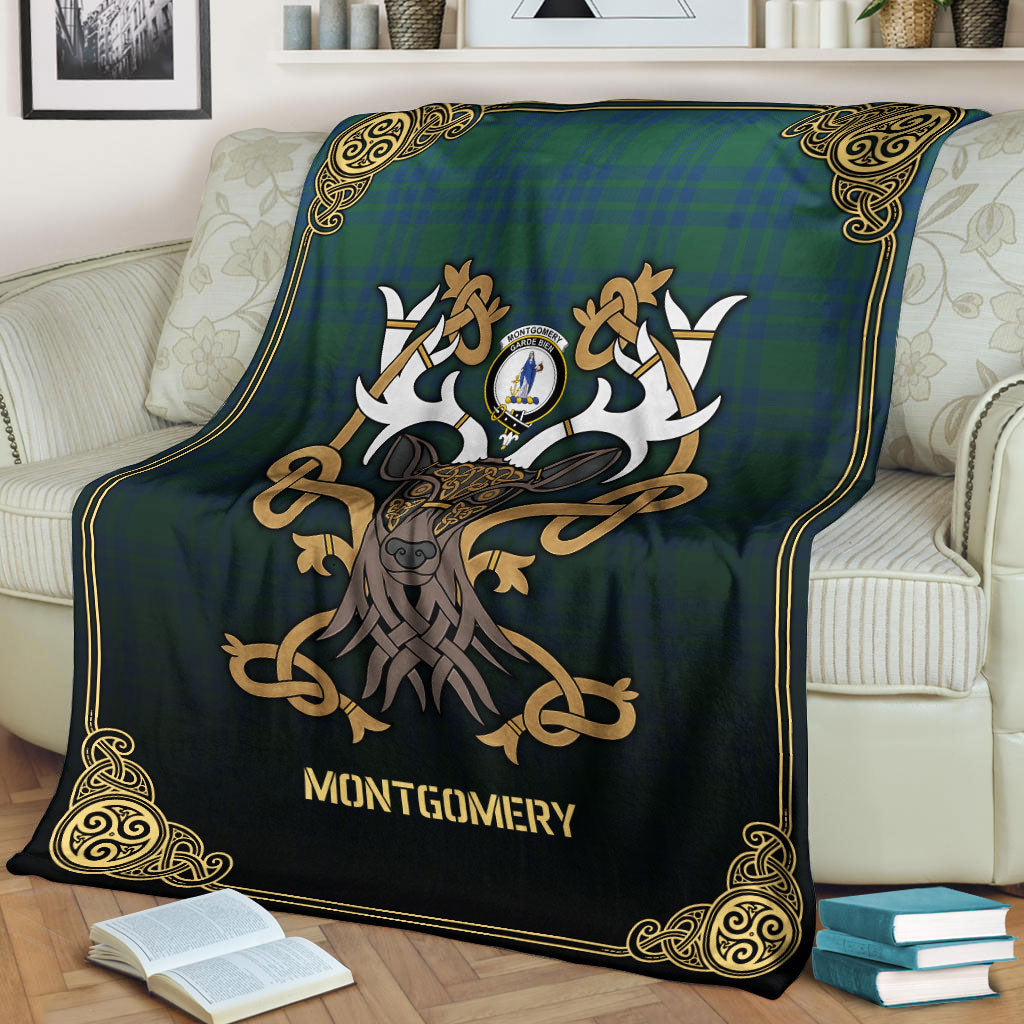 Clan Montgomery Ancient Tartan Crest Premium Blanket Celtic Stag Style FZ89 Clan Montgomery Tartan Today   