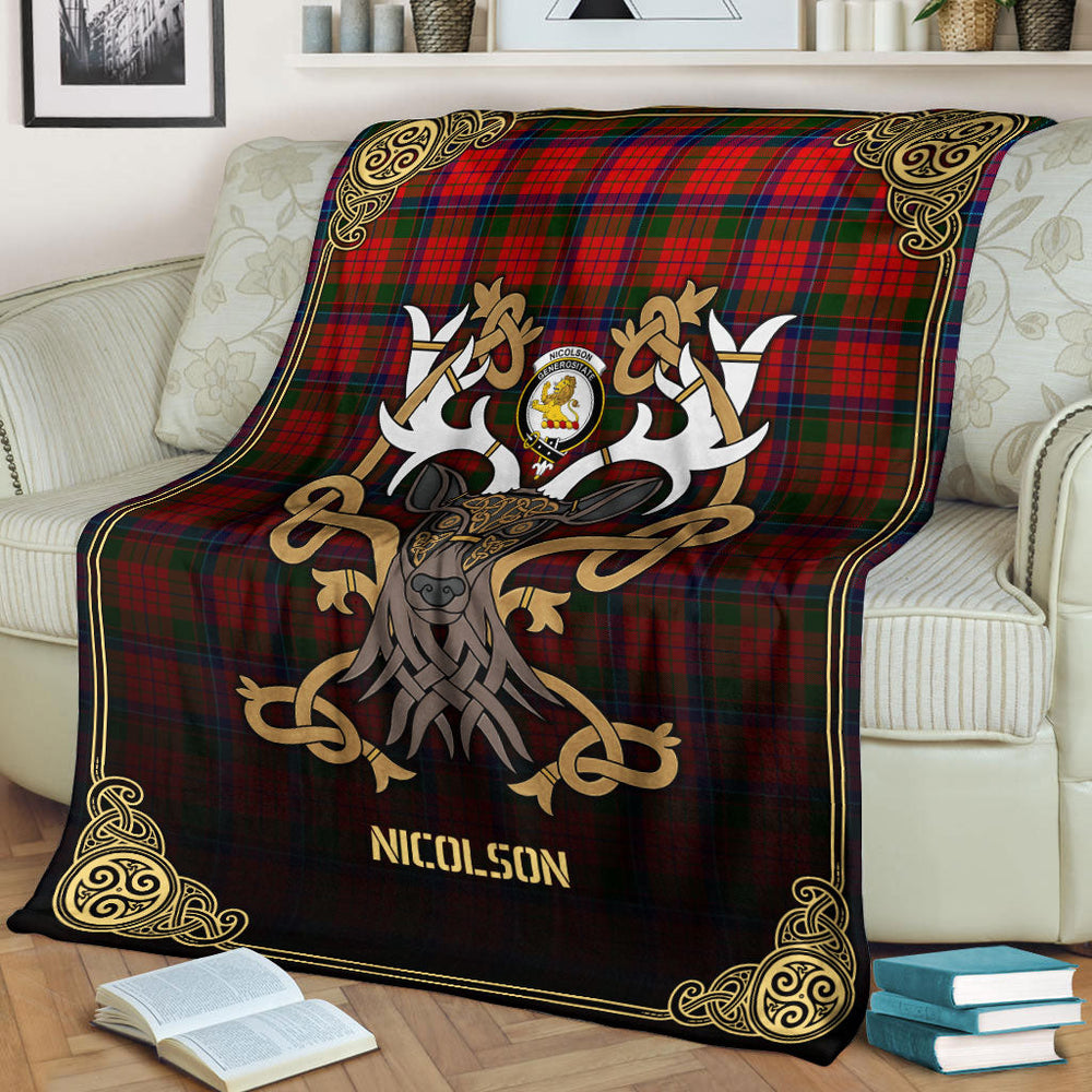 Clan Nicolson Modern Tartan Crest Premium Blanket Celtic Stag Style FS81 Clan Nicolson Tartan Today   