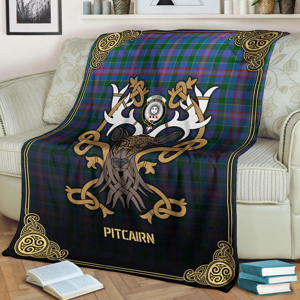 Clan Pitcairn Hunting Tartan Crest Premium Blanket Celtic Stag Style JX23 Clan Pitcairn Tartan Today   