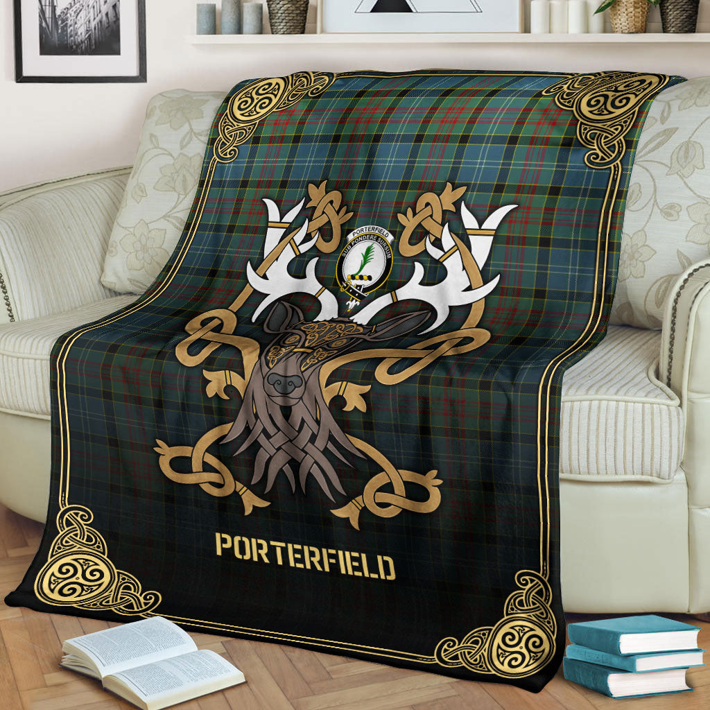 Clan Porterfield Tartan Crest Premium Blanket Celtic Stag Style PJ10 Clan Hall Tartan Today   