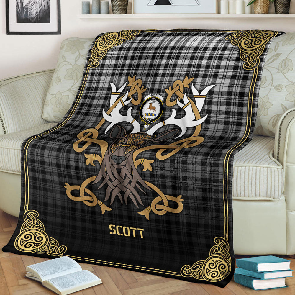 Clan Scott Black  & White Modern Tartan Crest Premium Blanket Celtic Stag Style UI34 Clan Scott (Scott Tartan) Tartan Today   