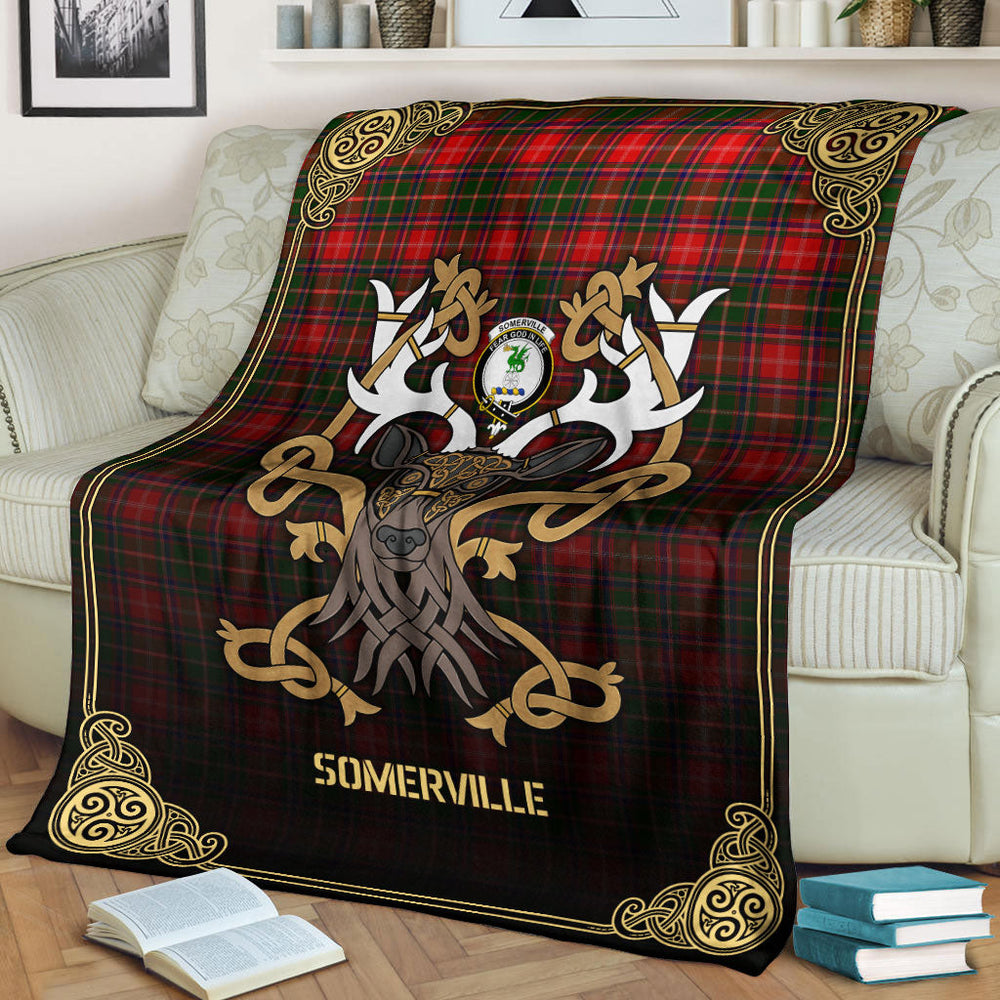 Clan Somerville Tartan Crest Premium Blanket Celtic Stag Style RO96 Clan Somerville Tartan Today   