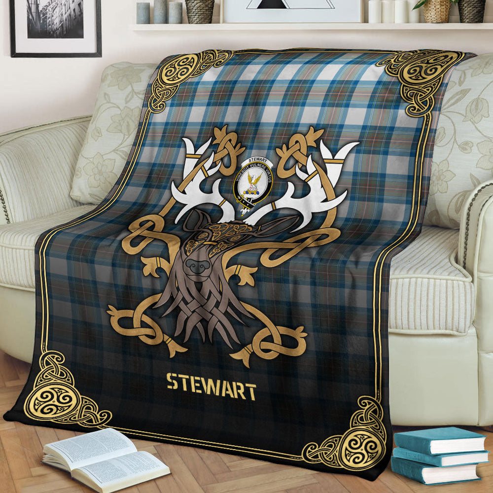 Clan Stewart Muted Blue Tartan Crest Premium Blanket Celtic Stag Style SV83 Clan Stewart Tartan Today   