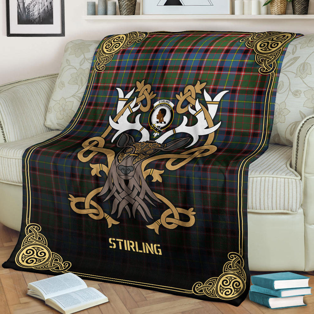 Clan Stirling (of Keir) Tartan Crest Premium Blanket Celtic Stag Style AC61 Clan Stirling Tartan Today   