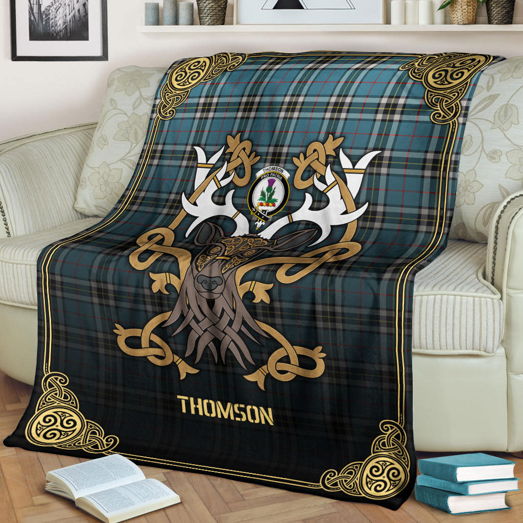 Clan Thomson Blue Tartan Crest Premium Blanket Celtic Stag Style ZB13 Clan Thomson Tartan Today   
