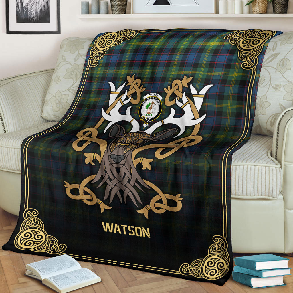 Clan Watson Ancient Tartan Crest Premium Blanket Celtic Stag Style YY72 Clan Watson Tartan Today   