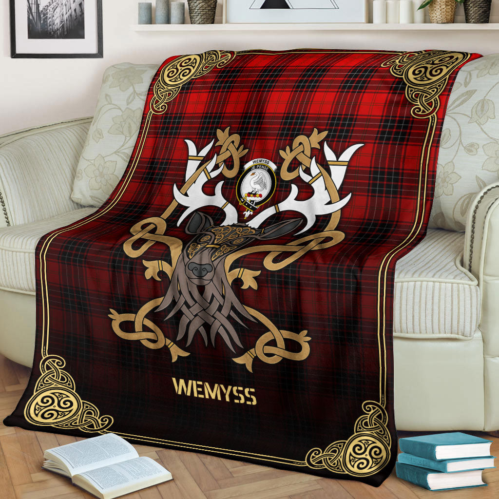 Clan Wemyss Modern Tartan Crest Premium Blanket Celtic Stag Style OY80 Clan Wemyss Tartan Today   