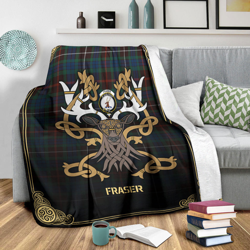 Clan Fraser (of Lovat) Hunting Ancient Tartan Crest Premium Blanket Celtic Stag Style WM21 Clan Fraser Tartan Today   