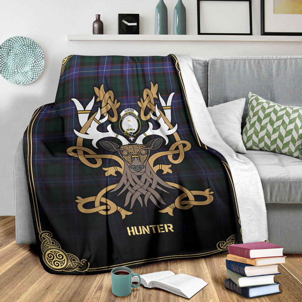 Clan Hunter Modern Tartan Crest Premium Blanket Celtic Stag Style IQ50 Clan Hunter Tartan Today   