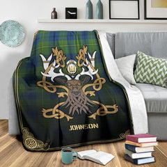 Clan Johnson Ancient Tartan Crest Premium Blanket Celtic Stag Style JB66 Clan Hall Tartan Today   