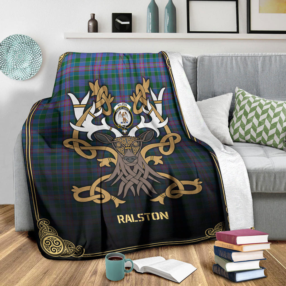 Clan Ralston Tartan Crest Premium Blanket Celtic Stag Style PF31 Clan Ralston Tartan Today   