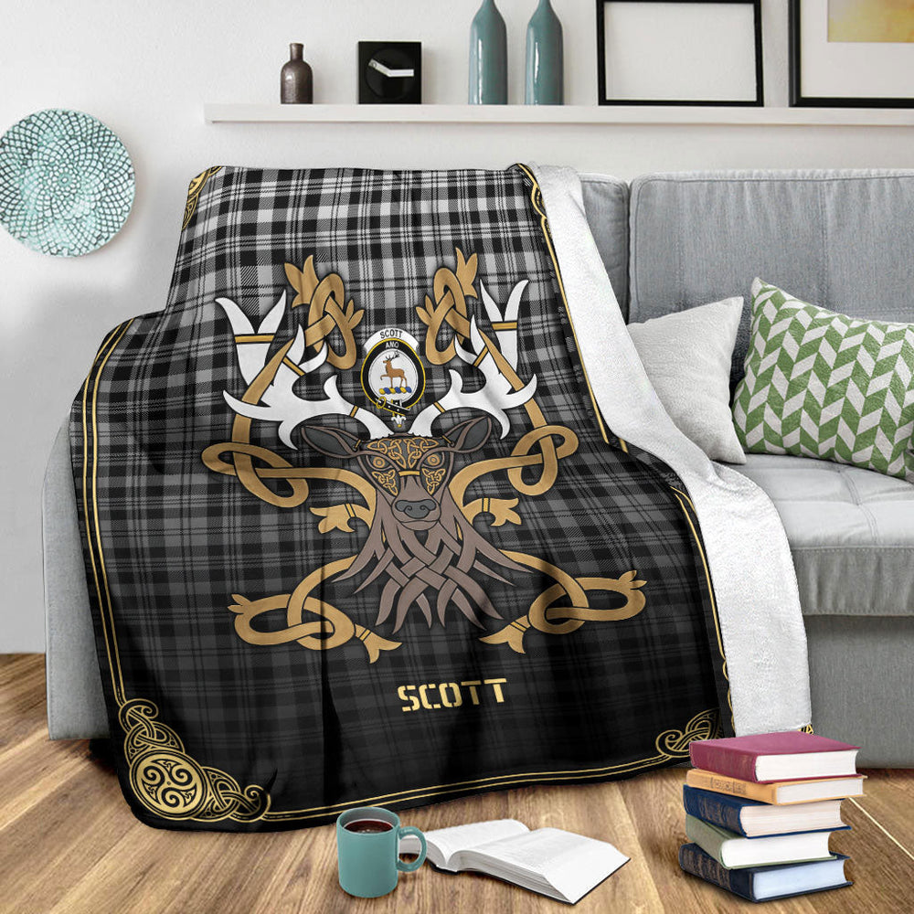 Clan Scott Black  & White Modern Tartan Crest Premium Blanket Celtic Stag Style UI34 Clan Scott (Scott Tartan) Tartan Today   