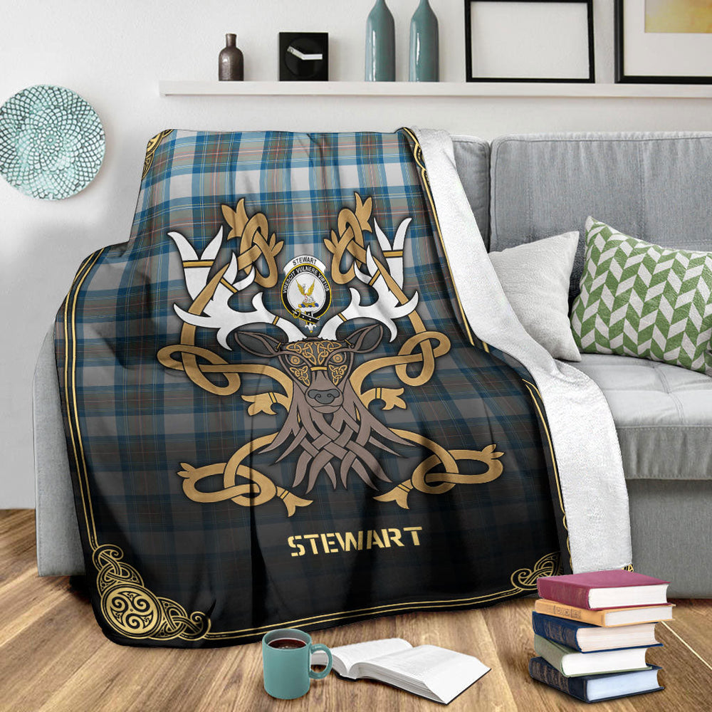Clan Stewart Muted Blue Tartan Crest Premium Blanket Celtic Stag Style SV83 Clan Stewart Tartan Today   