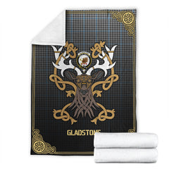 Clan Gladstone Tartan Crest Premium Blanket Celtic Stag Style AC91 Clan Hall Tartan Today   