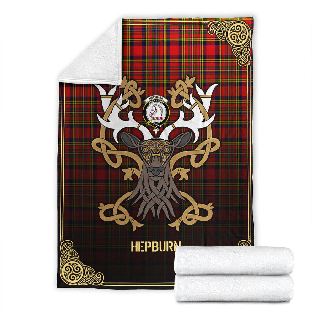 Clan Hepburn Tartan Crest Premium Blanket Celtic Stag Style RE55 Clan Hepburn Tartan Today   