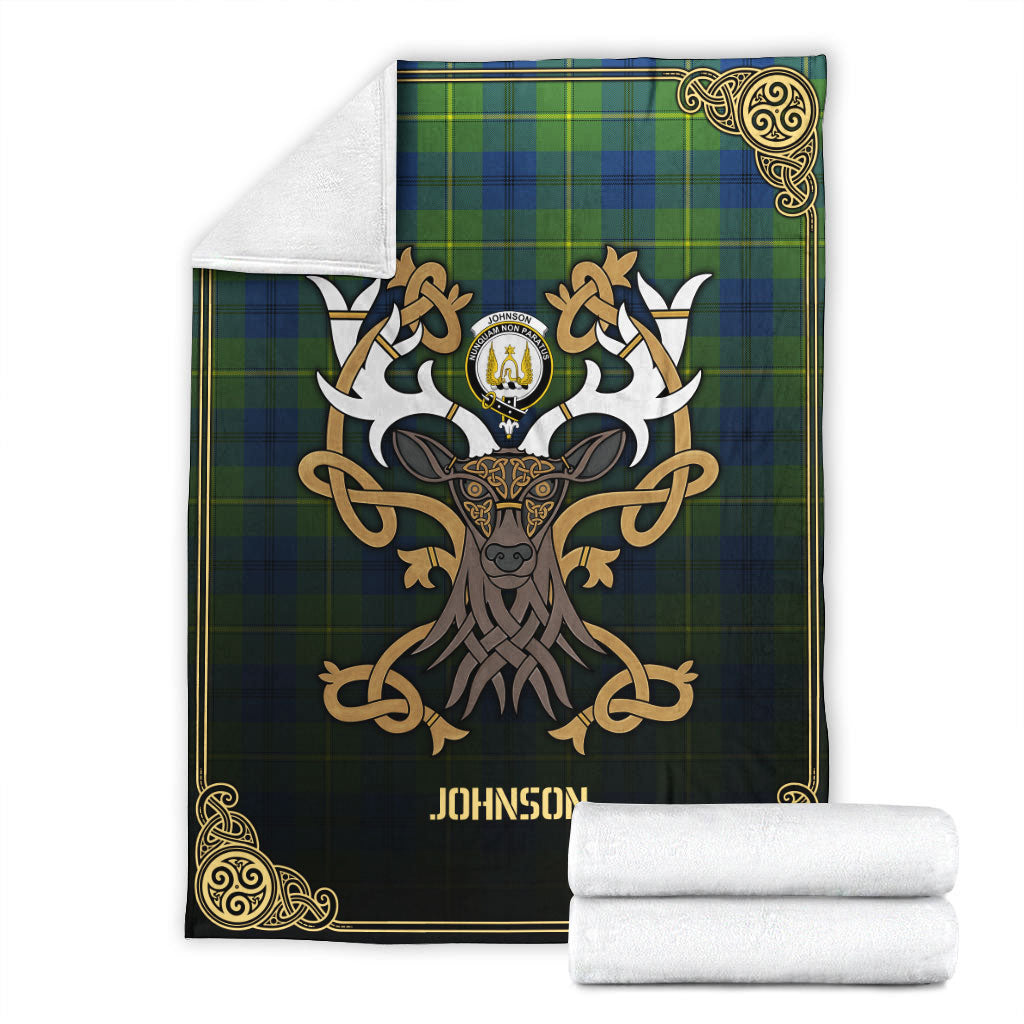 Clan Johnson Ancient Tartan Crest Premium Blanket Celtic Stag Style JB66 Clan Hall Tartan Today   