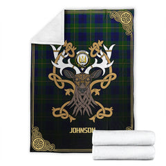 Clan Johnson Modern Tartan Crest Premium Blanket Celtic Stag Style OH55 Clan Hall Tartan Today   