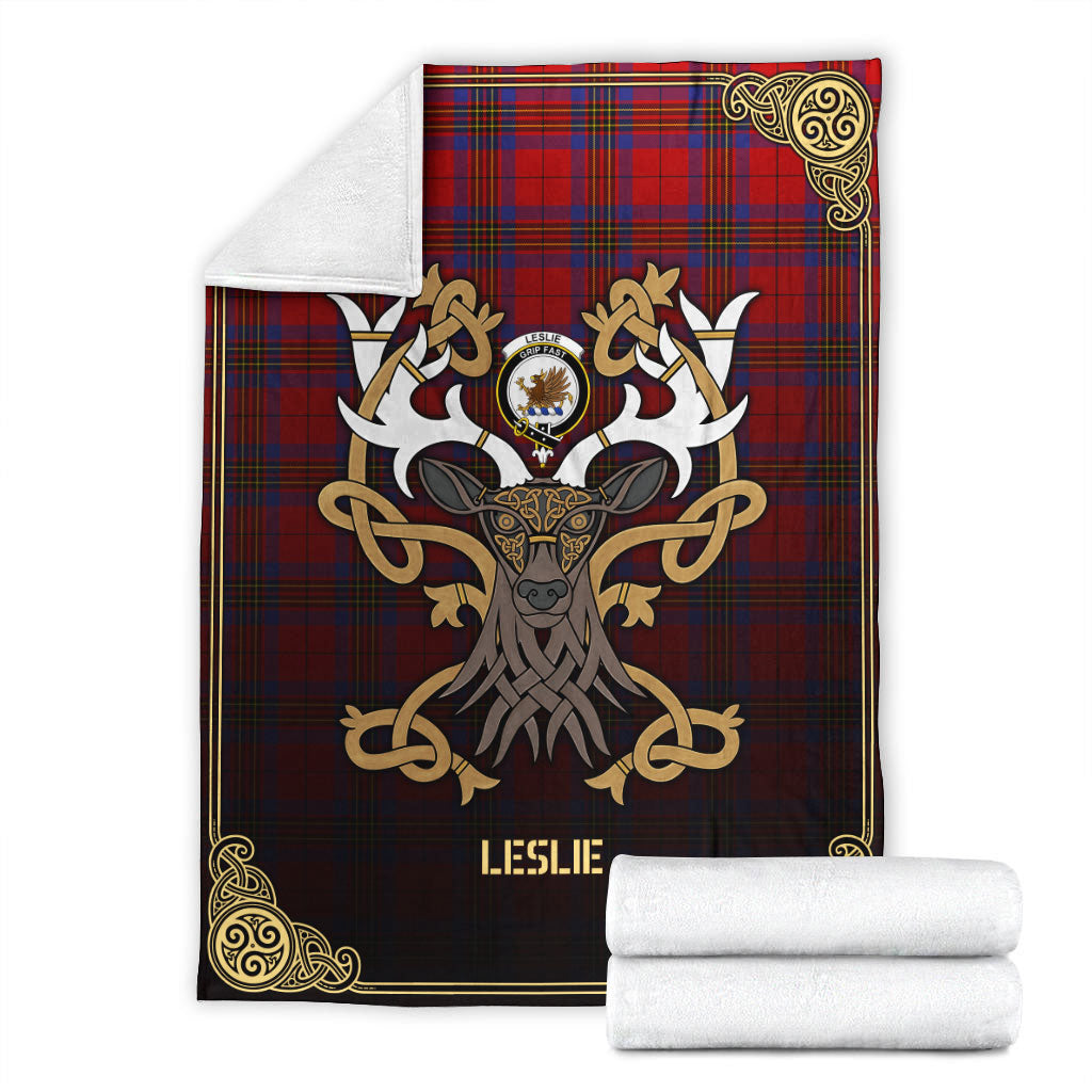 Clan Leslie Modern Tartan Crest Premium Blanket Celtic Stag Style KK37 Clan Leslie Tartan Today   