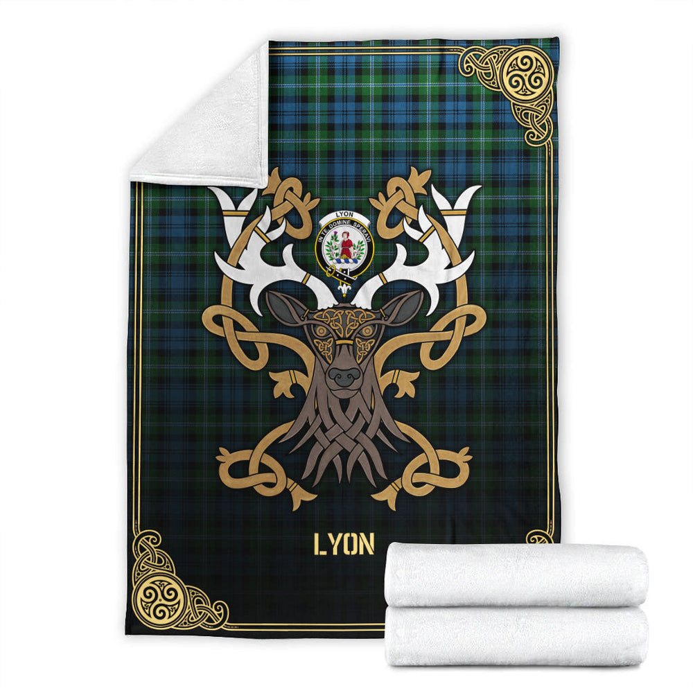 Clan Lyon Tartan Crest Premium Blanket Celtic Stag Style EC96 Clan Hall Tartan Today   