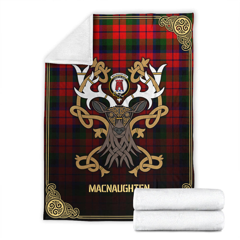 Clan MacNaughten Tartan Crest Premium Blanket Celtic Stag Style BL45 Clan Hall Tartan Today   