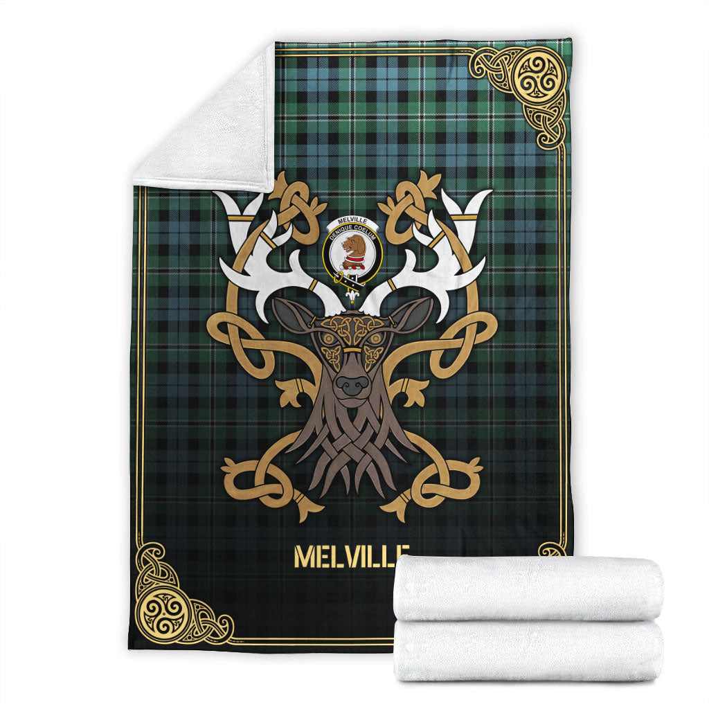 Clan Melville Tartan Crest Premium Blanket Celtic Stag Style GO88 Clan Melville Tartan Today   