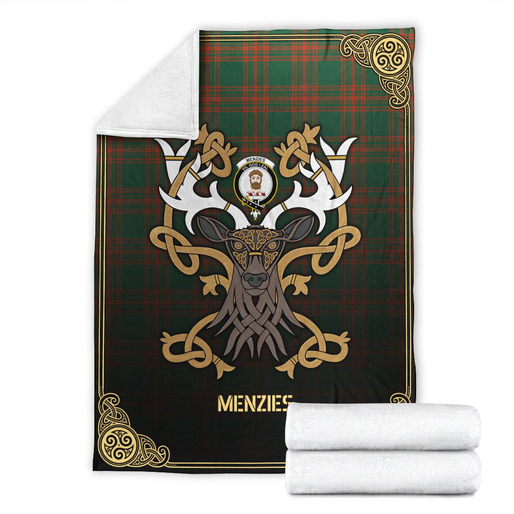 Clan Menzies Green Ancient Tartan Crest Premium Blanket Celtic Stag Style ER24 Clan Menzies Tartan Today   