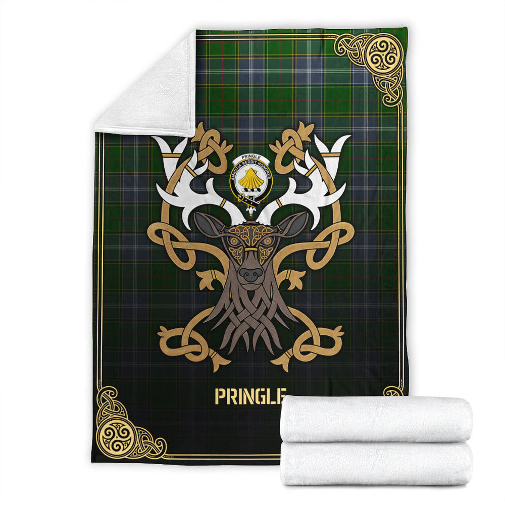 Clan Pringle Tartan Crest Premium Blanket Celtic Stag Style SZ37 Clan Pringle Tartan Today   