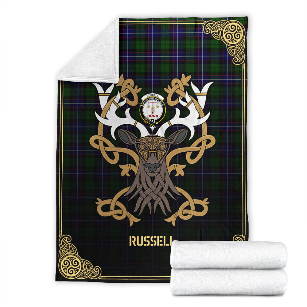 Clan Russell Modern Tartan Crest Premium Blanket Celtic Stag Style VX88 Clan Russell Tartan Today   