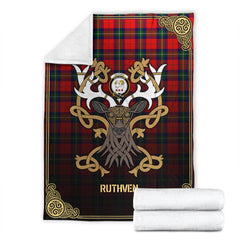 Clan Ruthven Modern Tartan Crest Premium Blanket Celtic Stag Style KA65 Clan Ruthven Tartan Today   