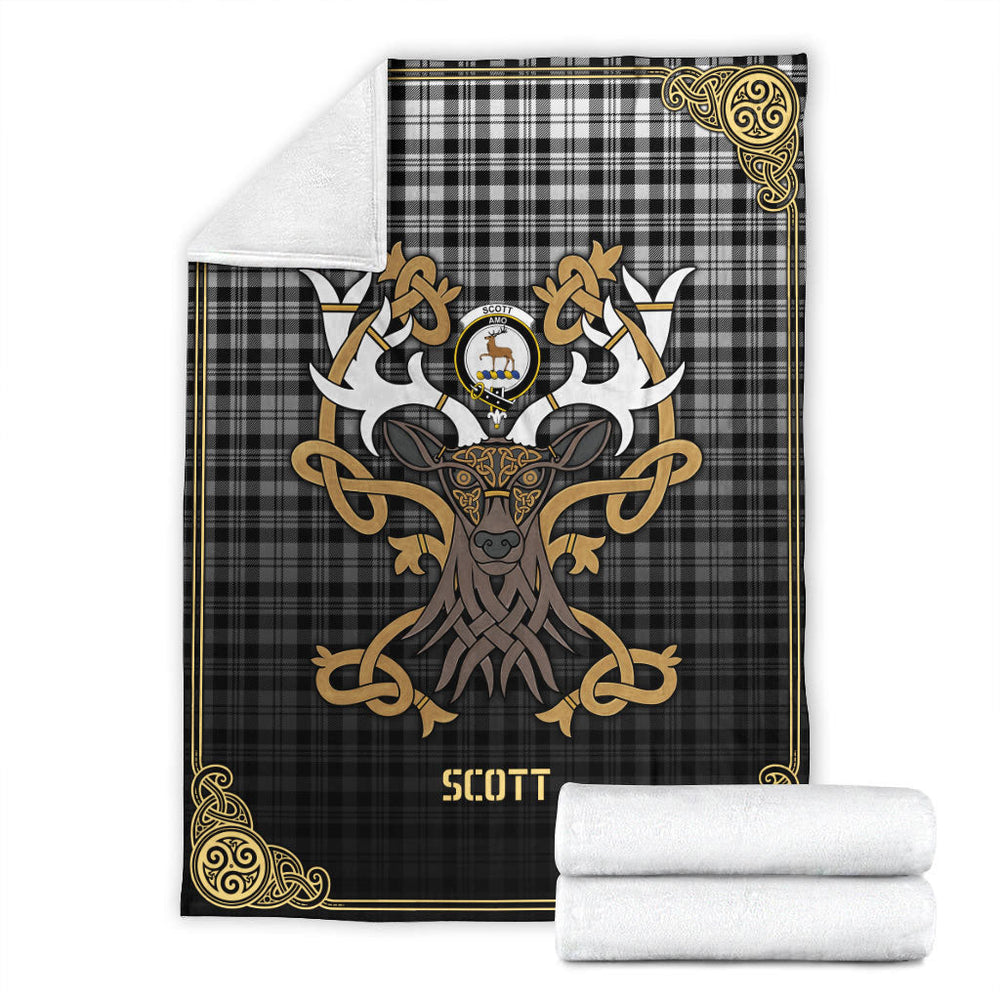 Clan Scott Black  & White Modern Tartan Crest Premium Blanket Celtic Stag Style UI34 Clan Scott (Scott Tartan) Tartan Today   