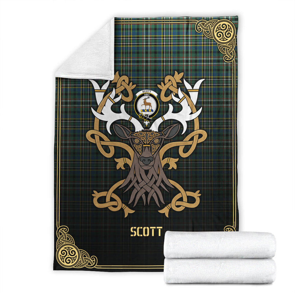 Clan Scott Green Ancient Tartan Crest Premium Blanket Celtic Stag Style TK38 Clan Scott (Scott Tartan) Tartan Today   