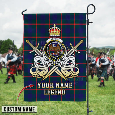 Custom Name Clan Agnew Modern Tartan Garden Flag with Clan Crest and the Golden Sword of Courageous Legacy PR60