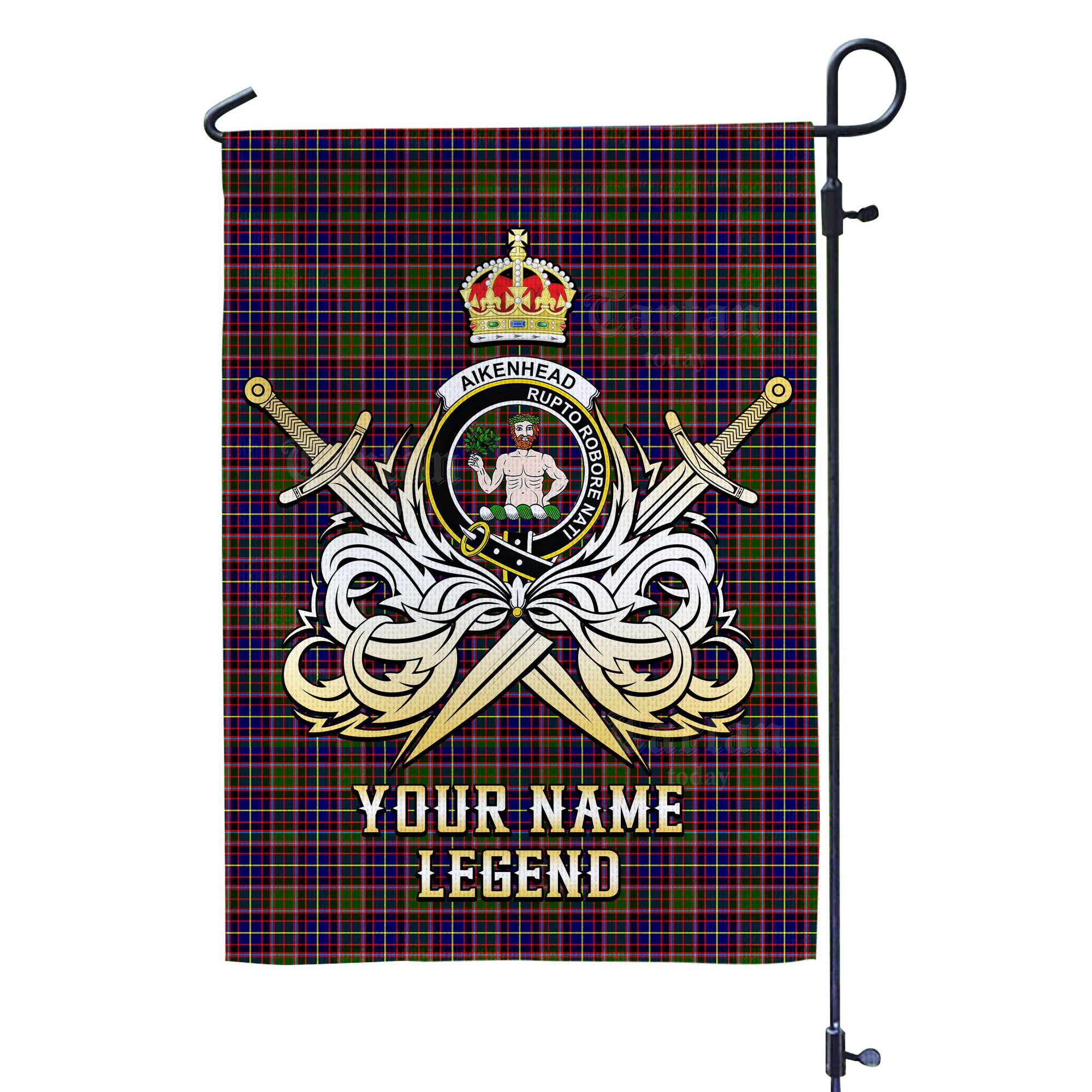Custom Name Clan Aikenhead Tartan Garden Flag with Clan Crest and the Golden Sword of Courageous Legacy PO65