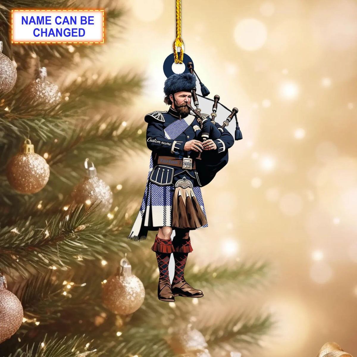 Ailsa Dress Navy Modern Tartan Bagpipe Ornament with Custom Name