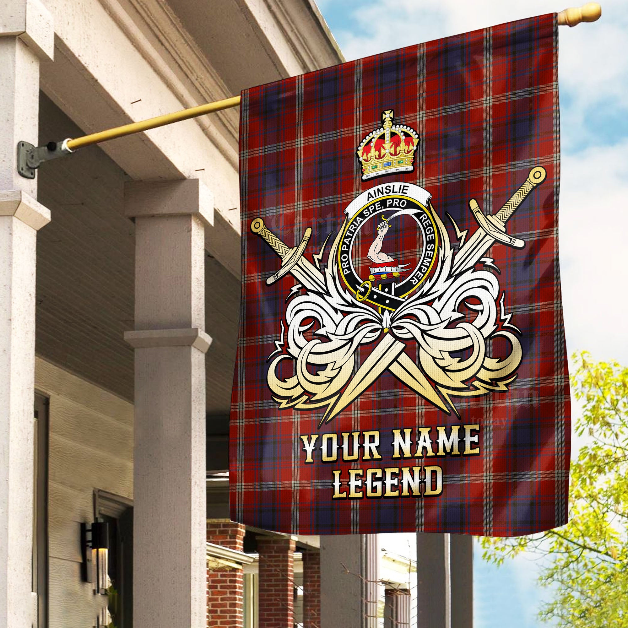 Custom Name Clan Ainslie Tartan Garden Flag with Clan Crest and the Golden Sword of Courageous Legacy IX36