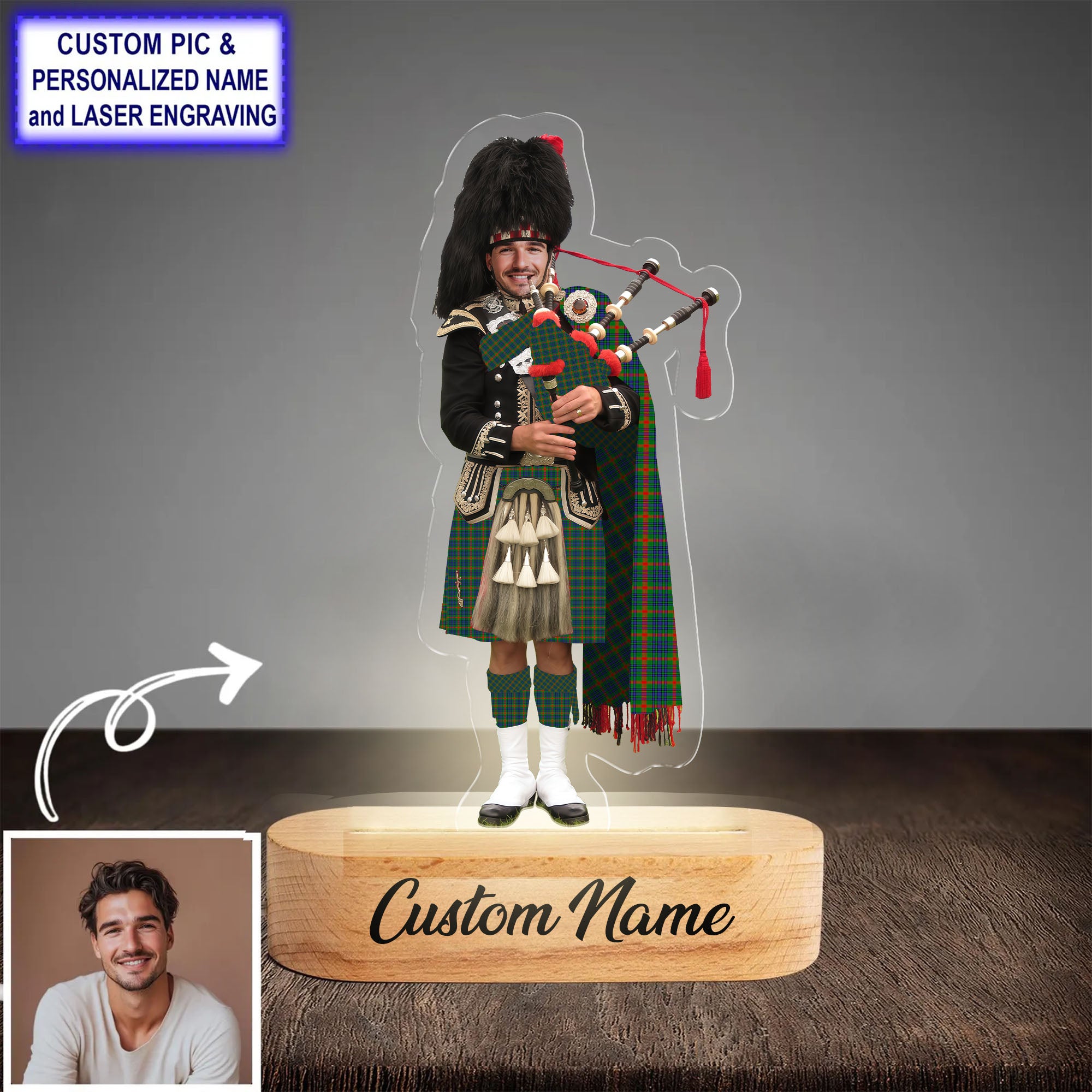 Custom Bagpipe Aiton Tartan LED Night Light - Personalized Scottish Bagpiper Figurine with Wooden Stand