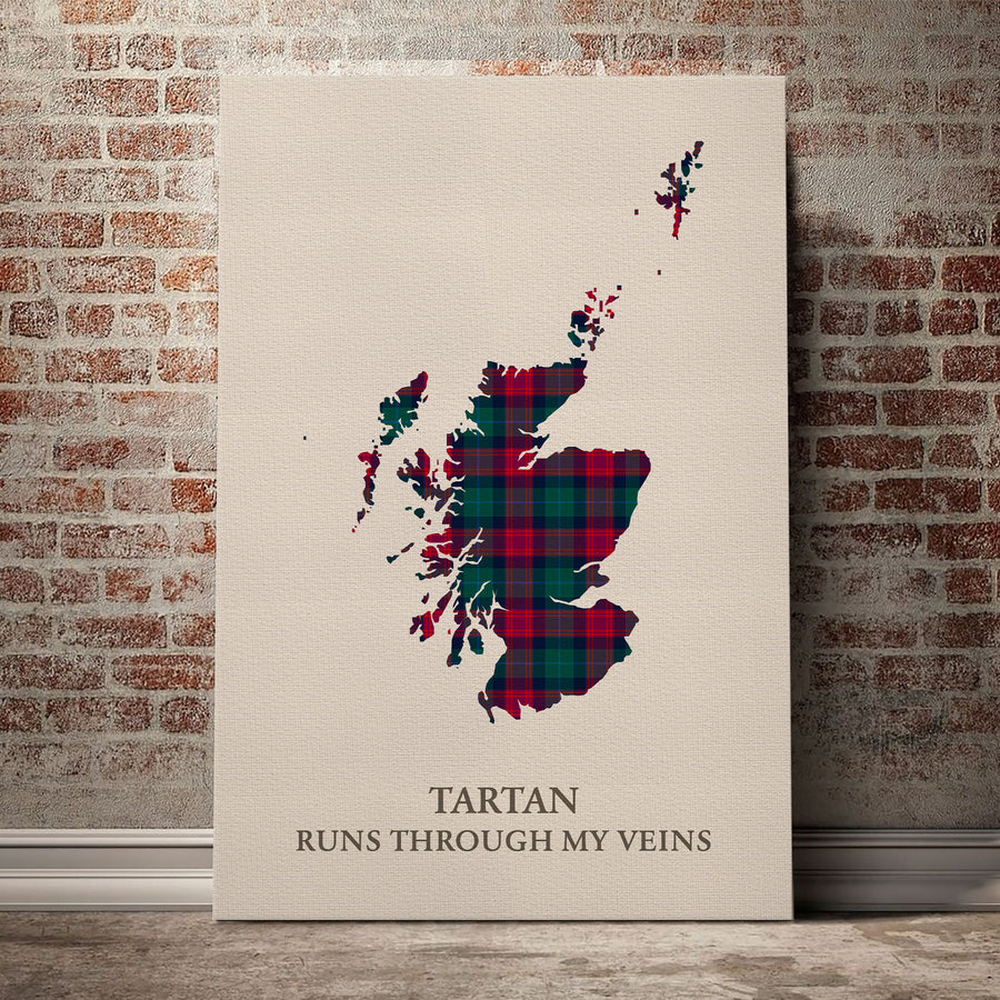 Akins Tartan Scotland Map Canvas – “Tartan Runs Through My Veins” Wall Art