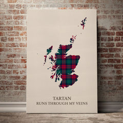 Akins Tartan Scotland Map Canvas – “Tartan Runs Through My Veins” Wall Art