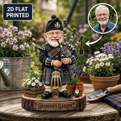 Personalized Anderson Ancient Clan Bagpipe Garden Gnome Caricature Plaque Custom Photo, Any Clan Tartan, Wood or Acrylic, Grandpa & Dad Gift, Scottish Highland Garden Decor ED99