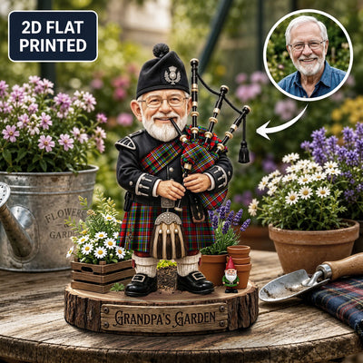 Personalized Anderson of Arbrake Clan Bagpipe Garden Gnome Caricature Plaque Custom Photo, Any Clan Tartan, Wood or Acrylic, Grandpa & Dad Gift, Scottish Highland Garden Decor FA71
