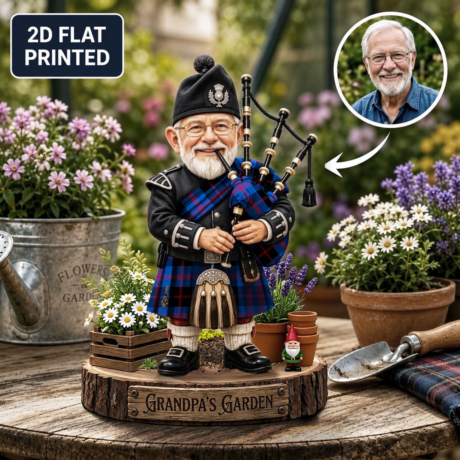 Personalized Angus Modern Clan Bagpipe Garden Gnome Caricature Plaque Custom Photo, Any Clan Tartan, Wood or Acrylic, Grandpa & Dad Gift, Scottish Highland Garden Decor PP63