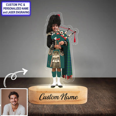 Custom Bagpipe Armstrong Ancient Tartan LED Night Light - Personalized Scottish Bagpiper Figurine with Wooden Stand YQ60