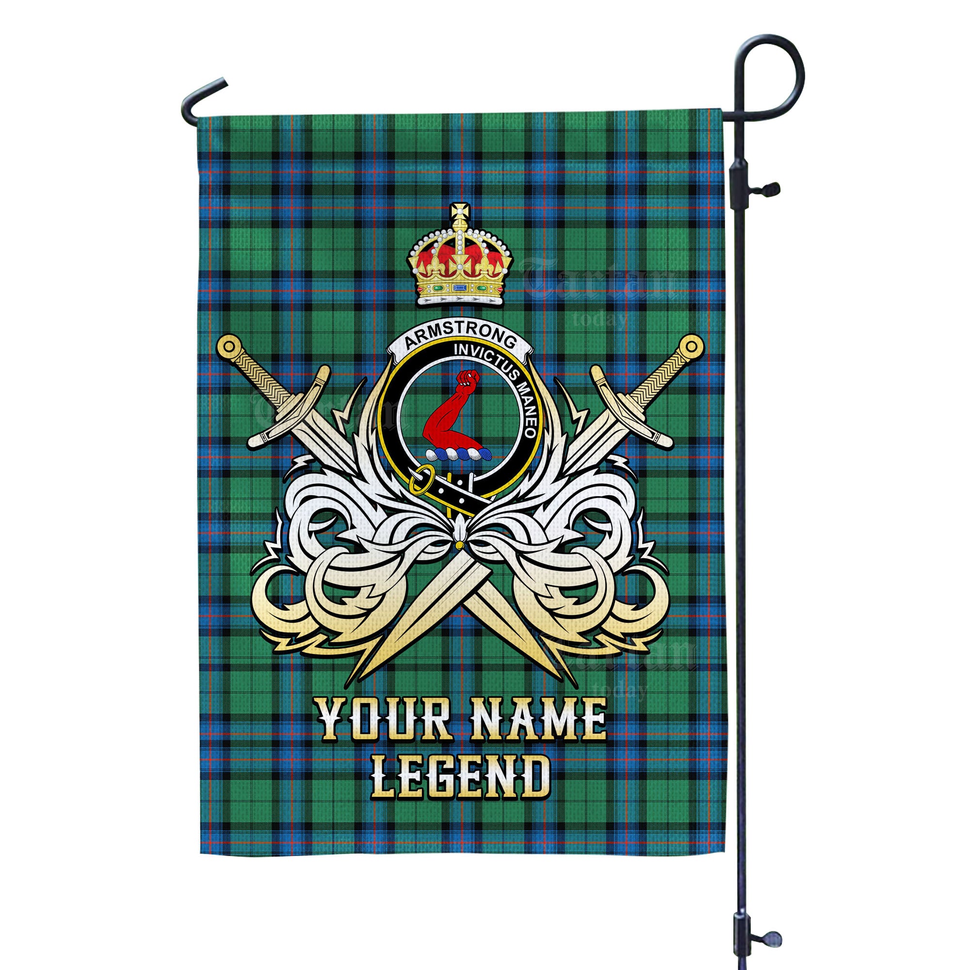 Custom Name Clan Armstrong Ancient Tartan Garden Flag with Clan Crest and the Golden Sword of Courageous Legacy GW64