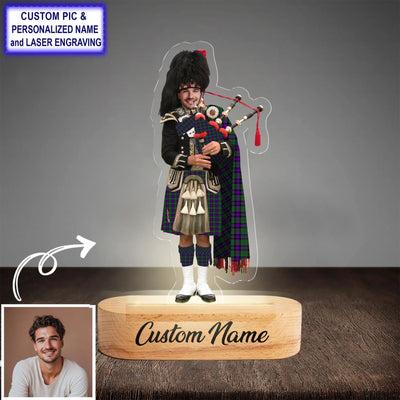 Custom Bagpipe Armstrong Modern Tartan LED Night Light - Personalized Scottish Bagpiper Figurine with Wooden Stand GL98